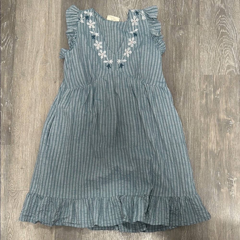Bombay Paisley Women’s Small Blue Striped Dress w Floral Embroidery